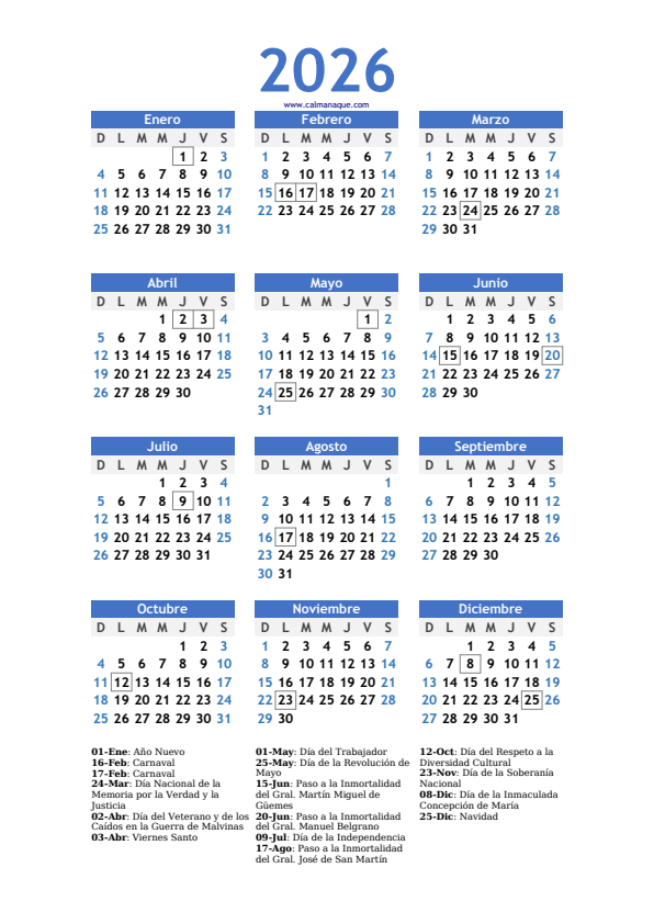 Calendario 2026 #10 — Argentina — Calmanaque