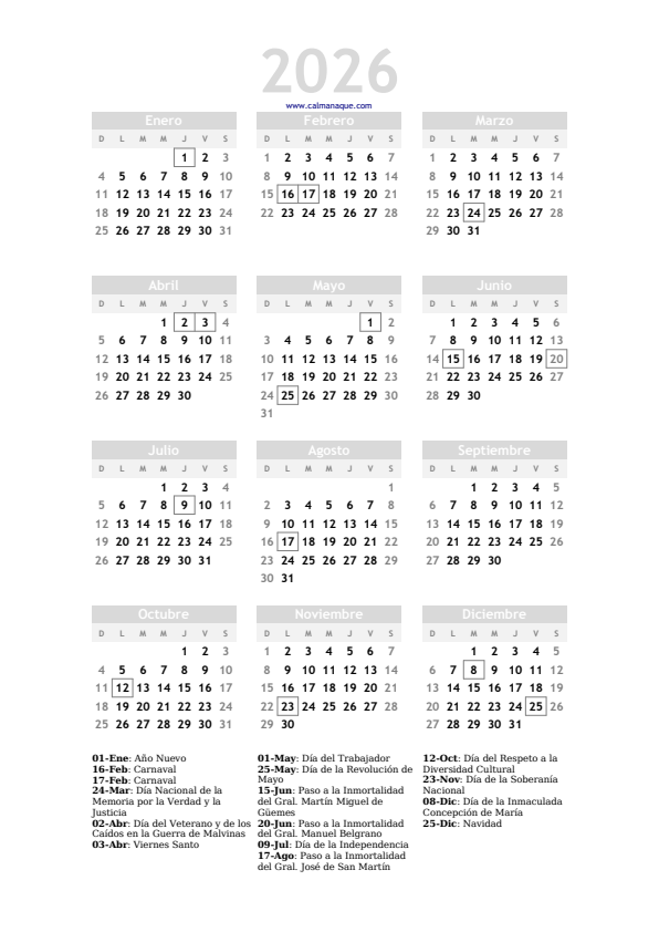 Calendario 2026 #20 — Argentina — Calmanaque