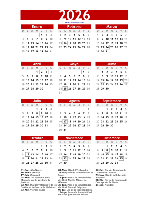 Calendario 2026 #30 — Argentina — Calmanaque