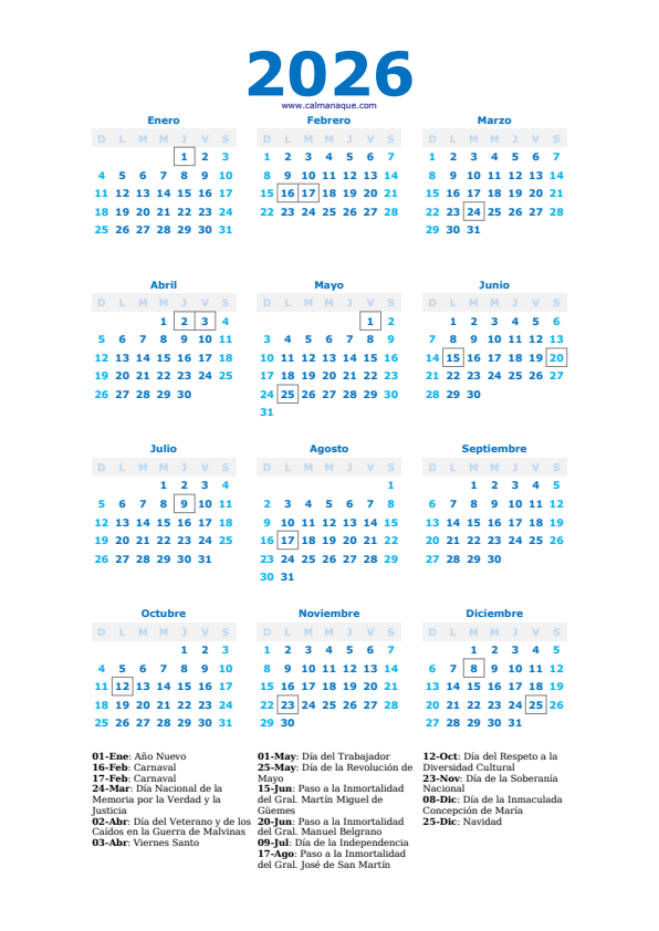 Calendario 2026 #40 — Argentina — Calmanaque
