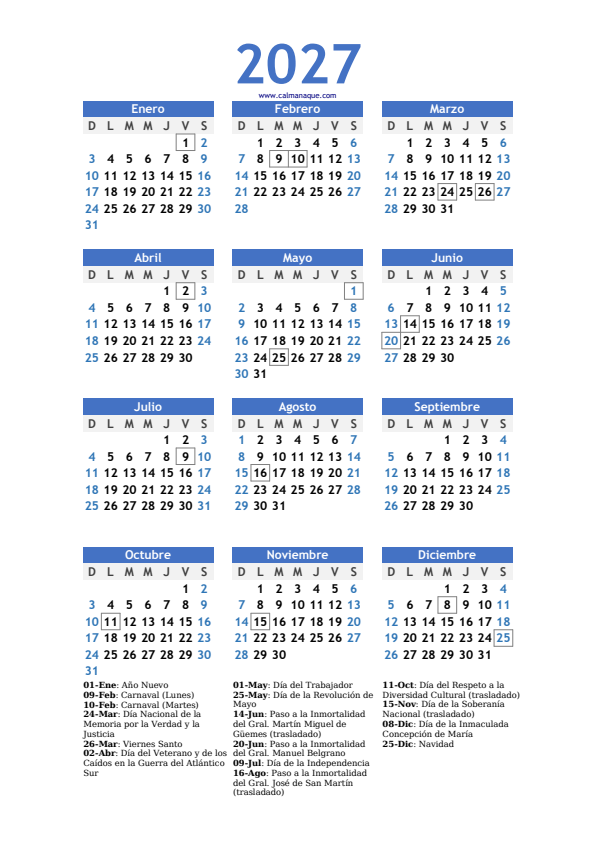 Calendario 2027 #10 — Argentina — Calmanaque