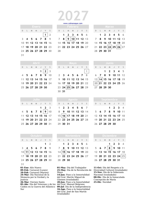 Calendario 2027 #20 — Argentina — Calmanaque