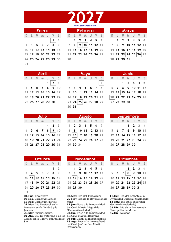 Calendario 2027 #30 — Argentina — Calmanaque