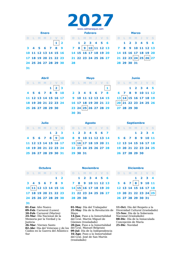 Calendario 2027 #40 — Argentina — Calmanaque