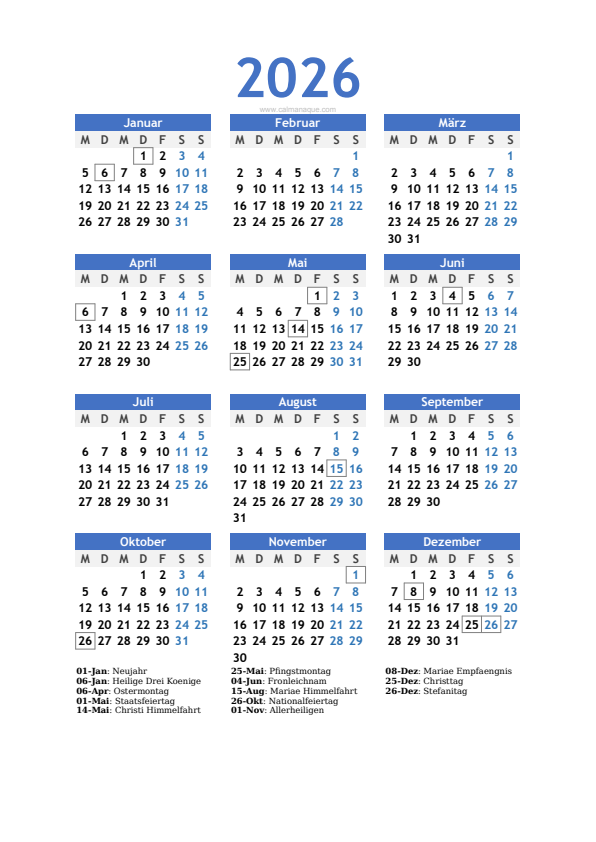 Calendario 2026 #10 — Österreich — Calmanaque