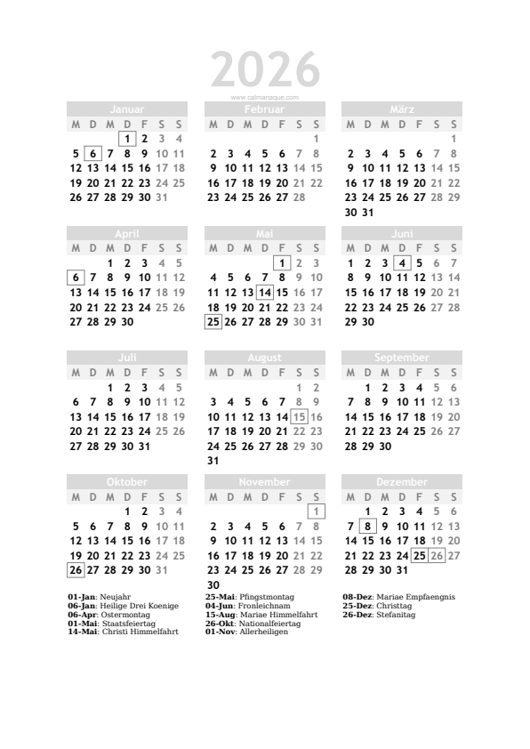 Calendario 2026 #20 — Österreich — Calmanaque