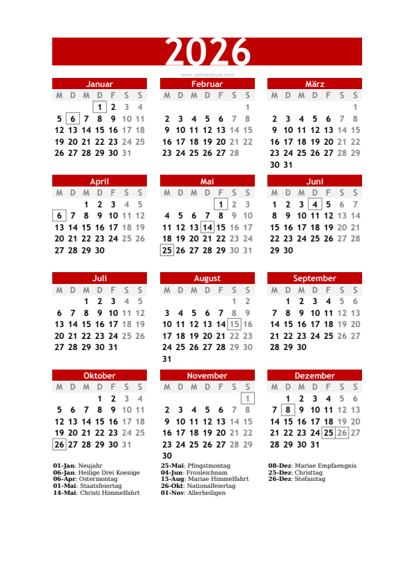 Calendario 2026 #30 — Österreich — Calmanaque