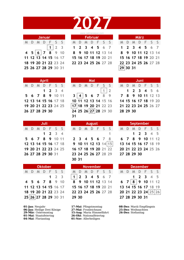Calendario 2027 #30 — Österreich — Calmanaque