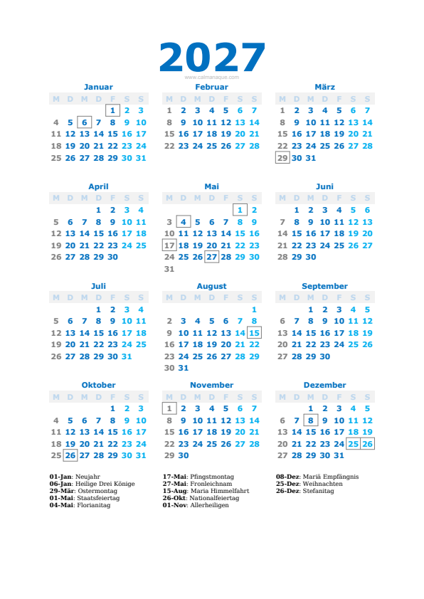 Calendario 2027 #40 — Österreich — Calmanaque