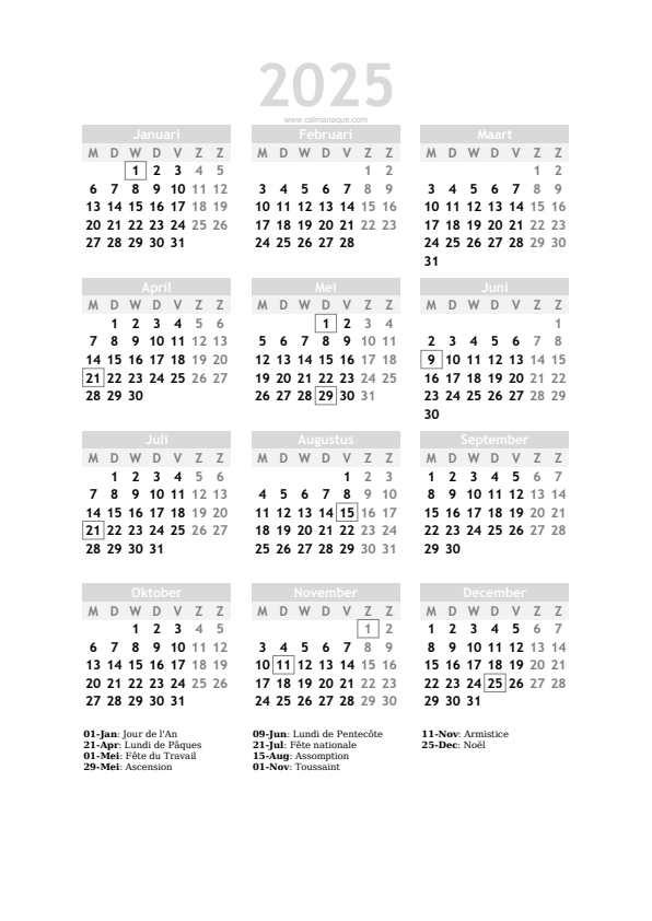 Calendario 2025 #20 — België — Calmanaque