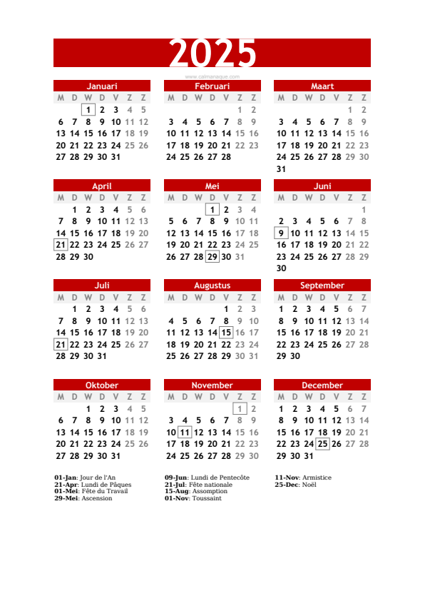 Calendario 2025 #30 — België — Calmanaque