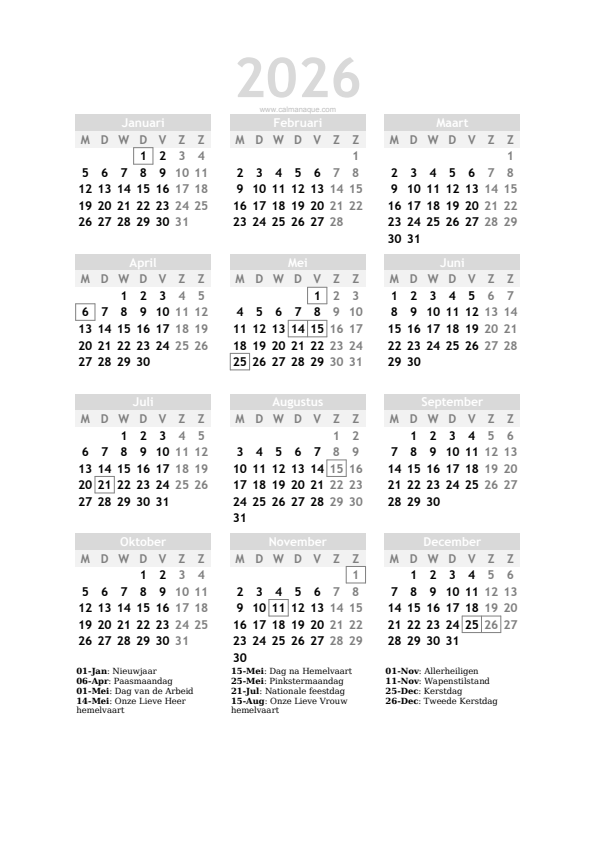 Calendario 2026 #20 — België — Calmanaque