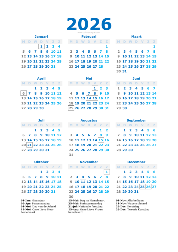 Calendario 2026 #40 — België — Calmanaque