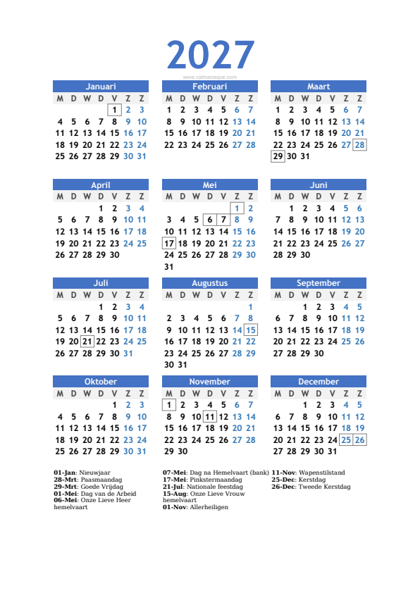 Calendario 2027 #10 — België — Calmanaque