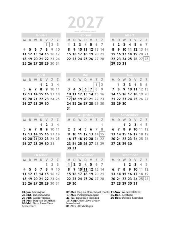 Calendario 2027 #20 — België — Calmanaque