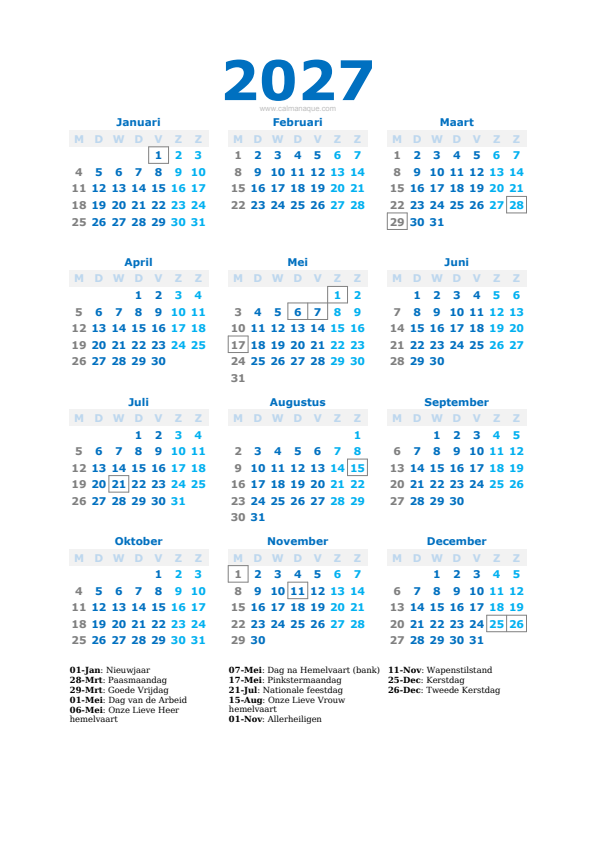 Calendario 2027 #40 — België — Calmanaque