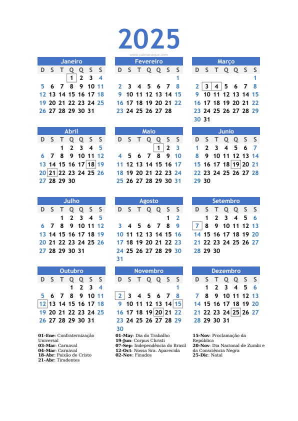 Calendario 2025 #10 — Brasil — Calmanaque