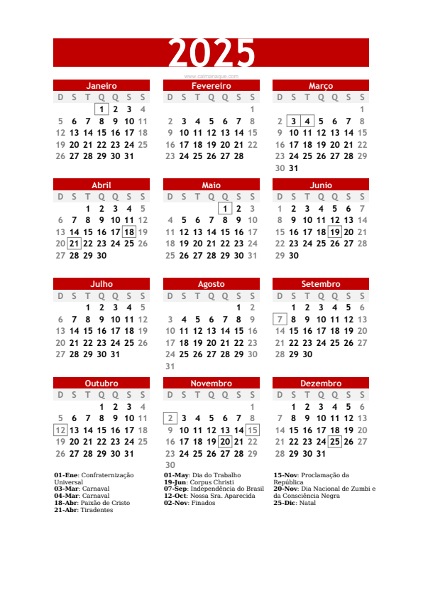 Calendario 2025 #30 — Brasil — Calmanaque