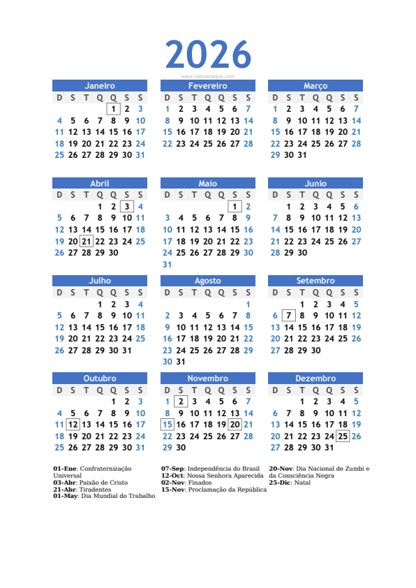 Calendario 2026 #10 — Brasil — Calmanaque