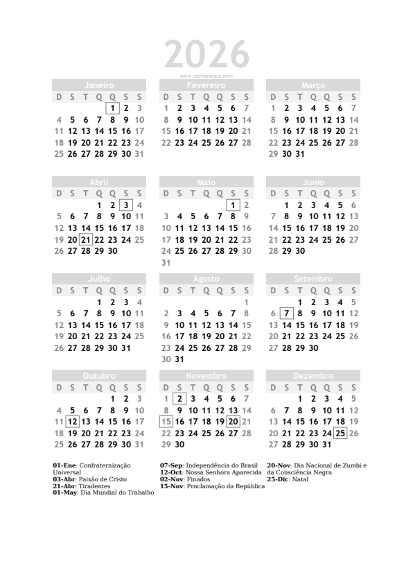 Calendario 2026 #20 — Brasil — Calmanaque