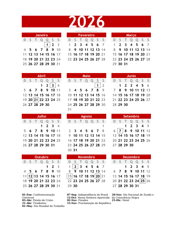 Calendario 2026 #30 — Brasil — Calmanaque