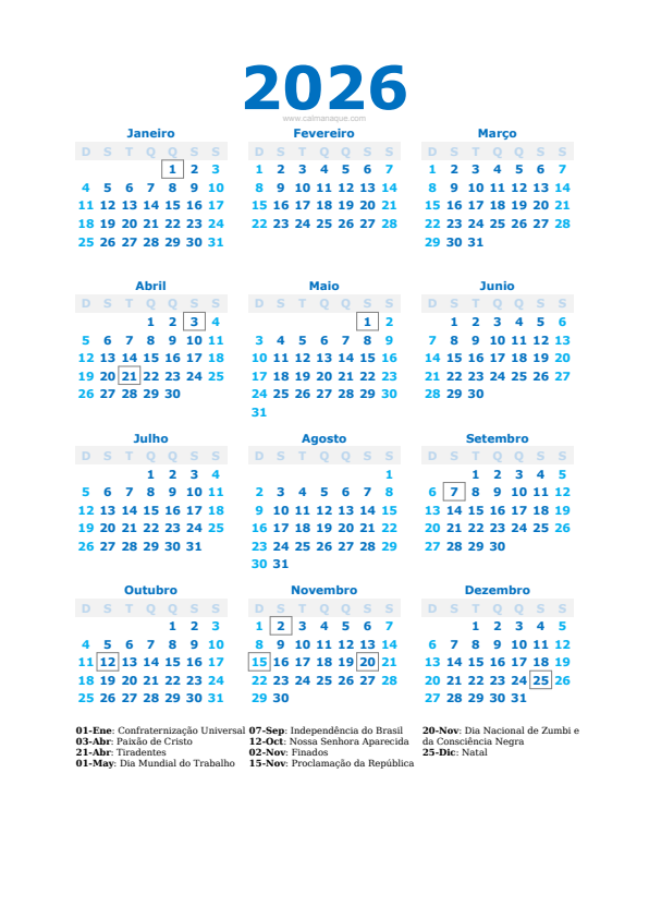 Calendario 2026 #40 — Brasil — Calmanaque