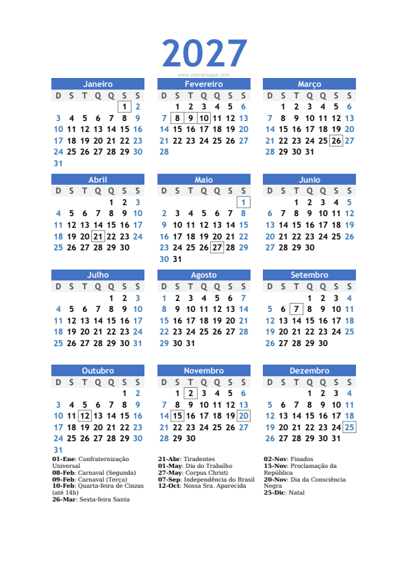 Calendario 2027 #10 — Brasil — Calmanaque