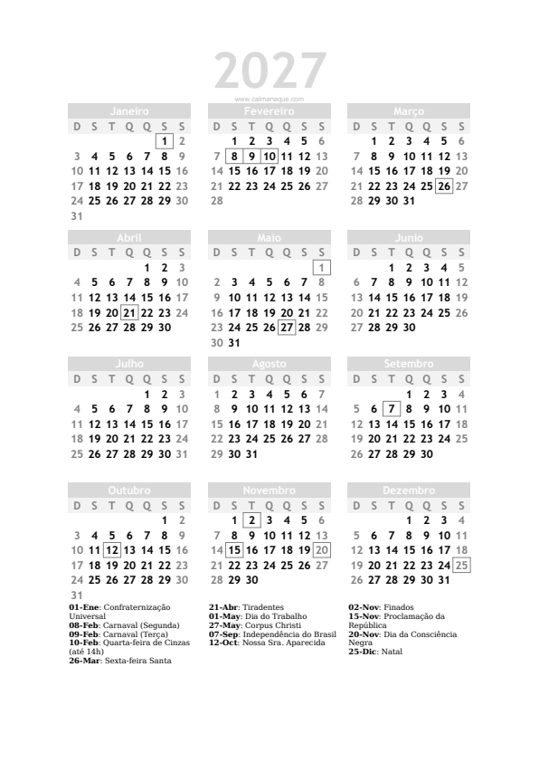 Calendario 2027 #20 — Brasil — Calmanaque