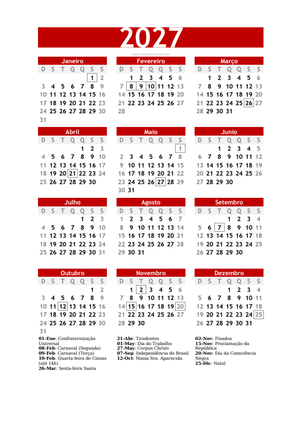 Calendario 2027 #30 — Brasil — Calmanaque