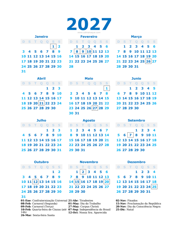 Calendario 2027 #40 — Brasil — Calmanaque