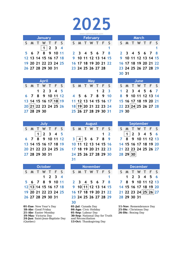 Calendario 2025 #10 — Canada — Calmanaque