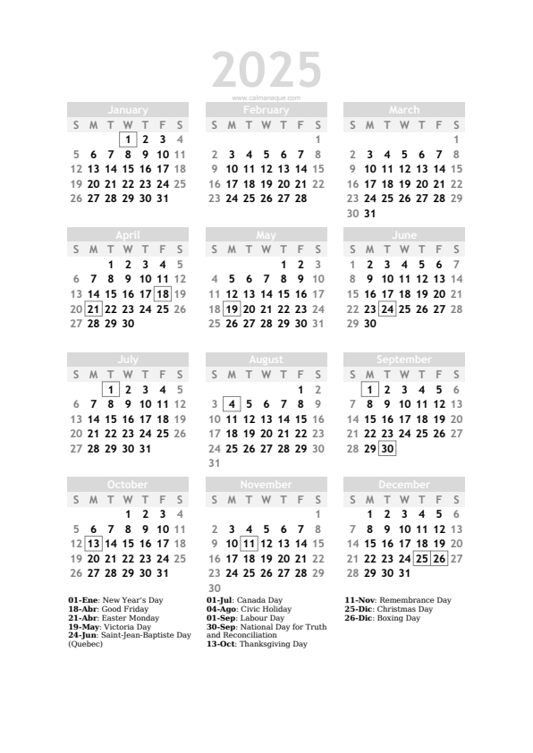 Calendario 2025 #20 — Canada — Calmanaque