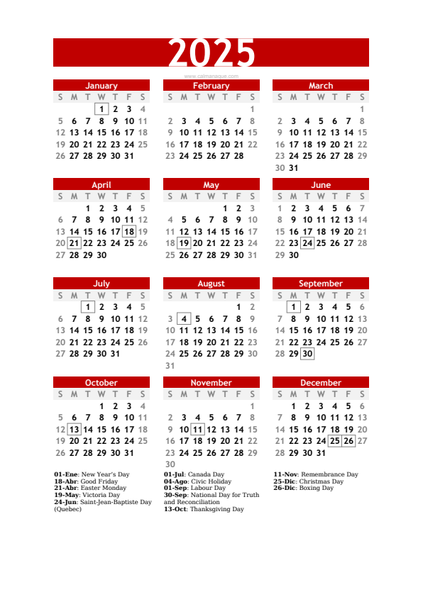 Calendario 2025 #30 — Canada — Calmanaque