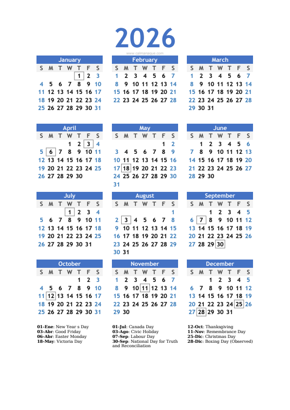 Calendario 2026 #10 — Canada — Calmanaque