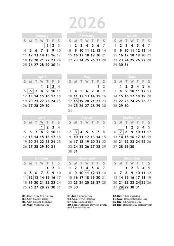 Calendario 2026 #20 — Canada — Calmanaque