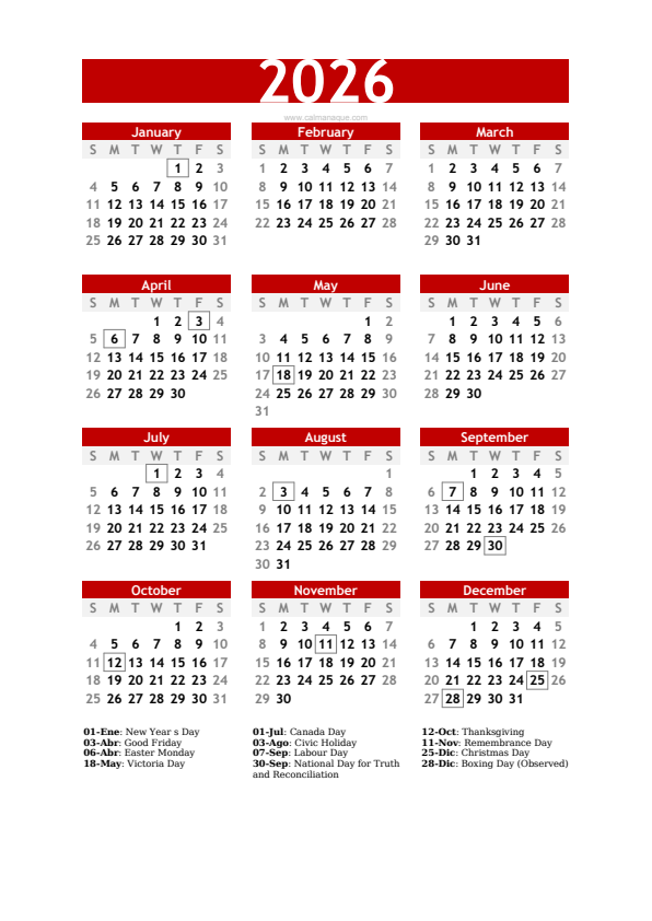 Calendario 2026 #30 — Canada — Calmanaque