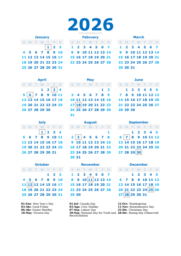 Calendario 2026 #40 — Canada — Calmanaque