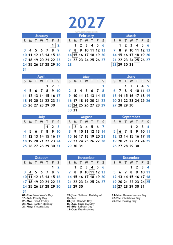 Calendario 2027 #10 — Canada — Calmanaque