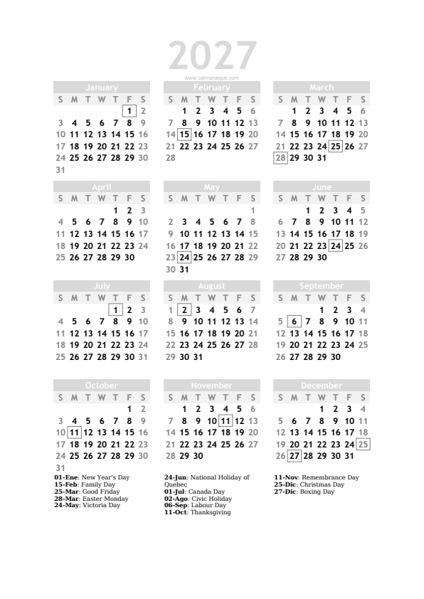 Calendario 2027 #20 — Canada — Calmanaque