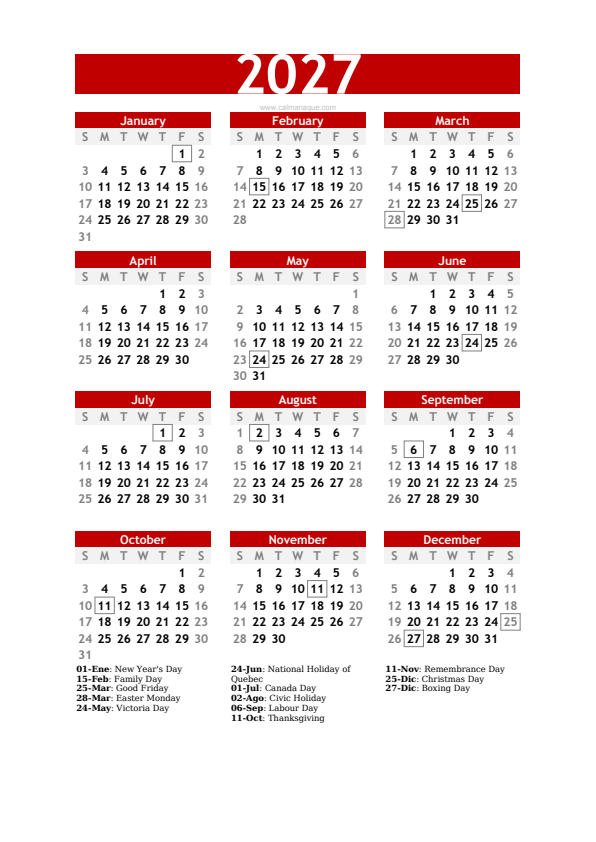 Calendario 2027 #30 — Canada — Calmanaque