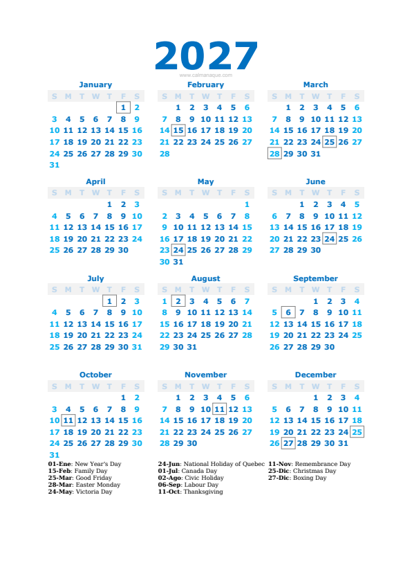 Calendario 2027 #40 — Canada — Calmanaque