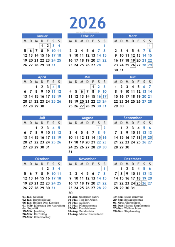 Calendario 2026 #10 — Schweiz — Calmanaque