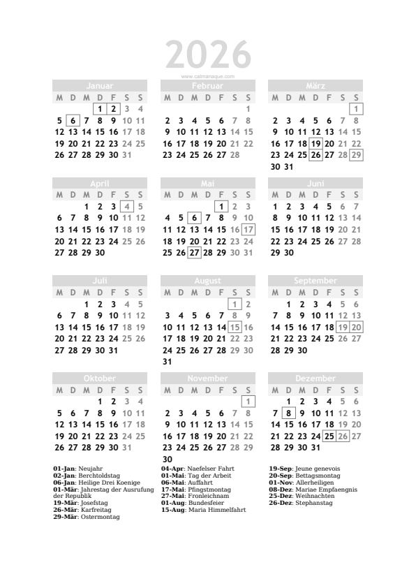 Calendario 2026 #20 — Schweiz — Calmanaque