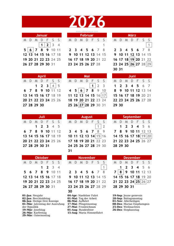 Calendario 2026 #30 — Schweiz — Calmanaque