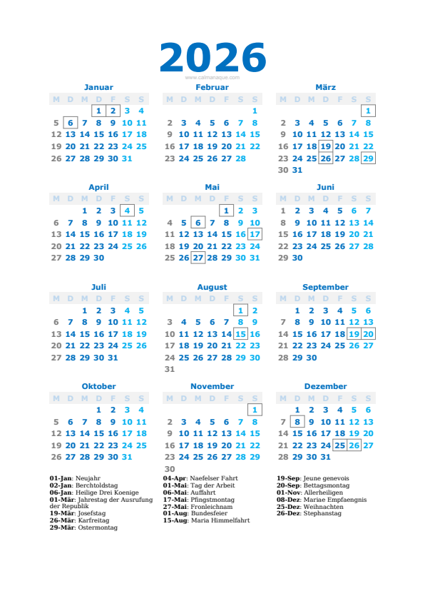 Calendario 2026 #40 — Schweiz — Calmanaque