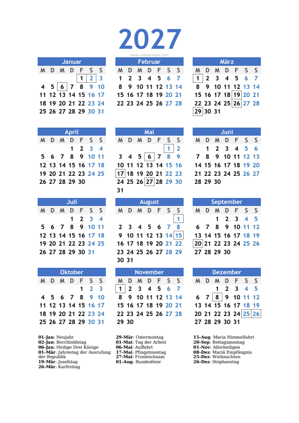 Calendario 2027 #10 — Schweiz — Calmanaque