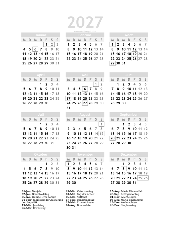 Calendario 2027 #20 — Schweiz — Calmanaque