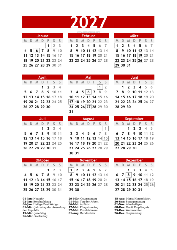 Calendario 2027 #30 — Schweiz — Calmanaque