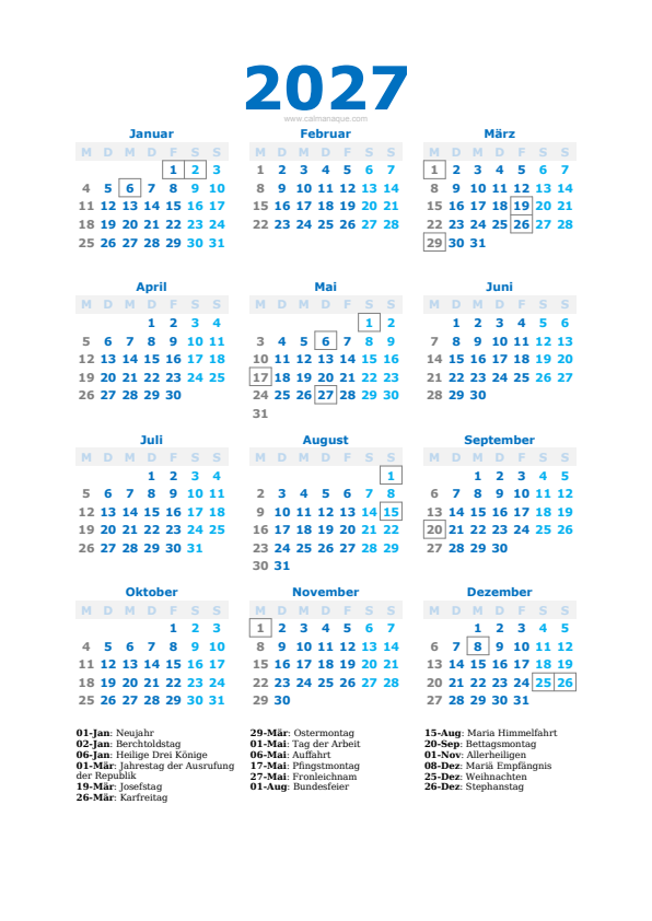 Calendario 2027 #40 — Schweiz — Calmanaque