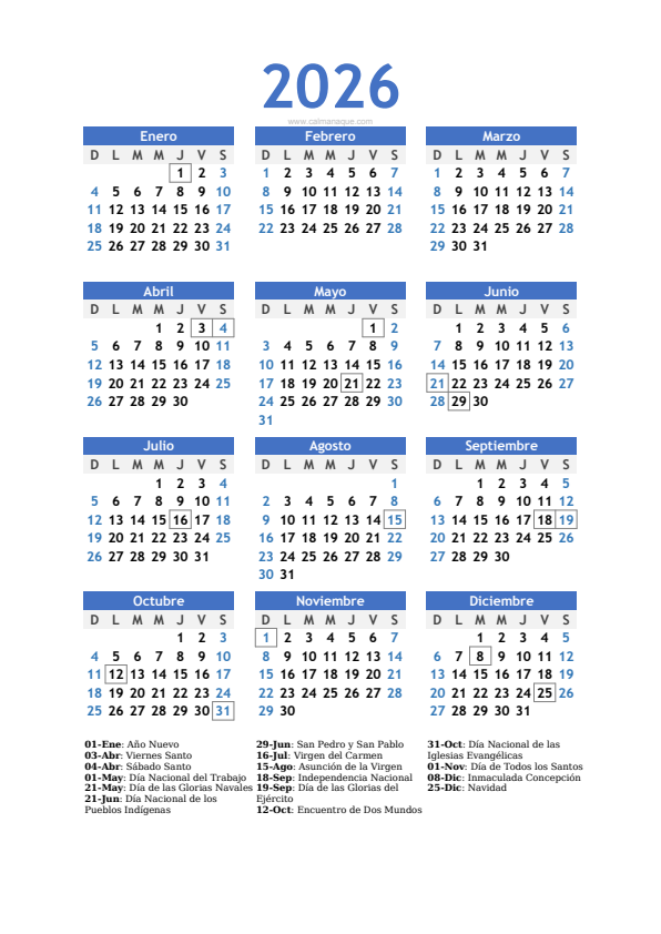 Calendario 2026 #10 — Chile — Calmanaque